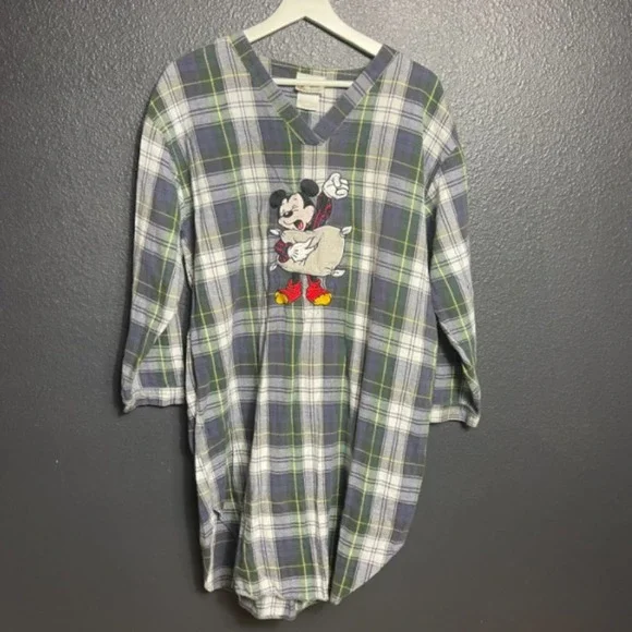 Disney Women's Vintage Mickey Mouse Green Plaid Sleepwear Pajama Shirt Size S/M - Picture 2 of 5